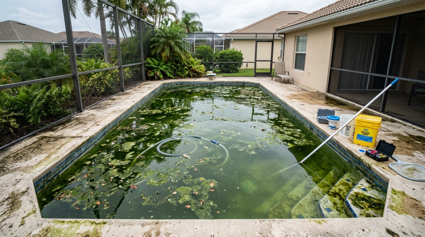 Murky Green Algae Pool Before Care